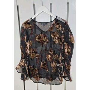 Karen‎ Kane Sheer Velvet Burnout Top Black Rose Flutter Sleeve Whimsigoth Small